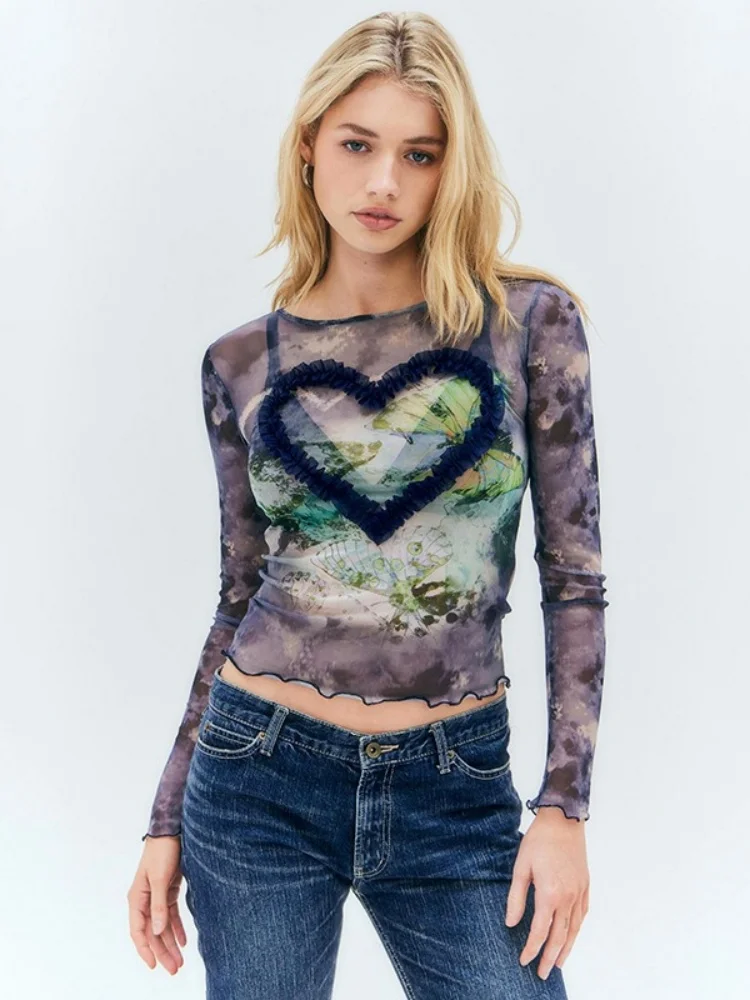 Сетчатые прозрачные футболки для женщин с аппликацией сердца Y2k одежда длинным