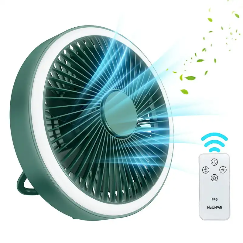 

Fan with LED Lantern, Rechargeable Portable Tent Fans with Remote Control Brightness Adjustable Hanging Hook - Green