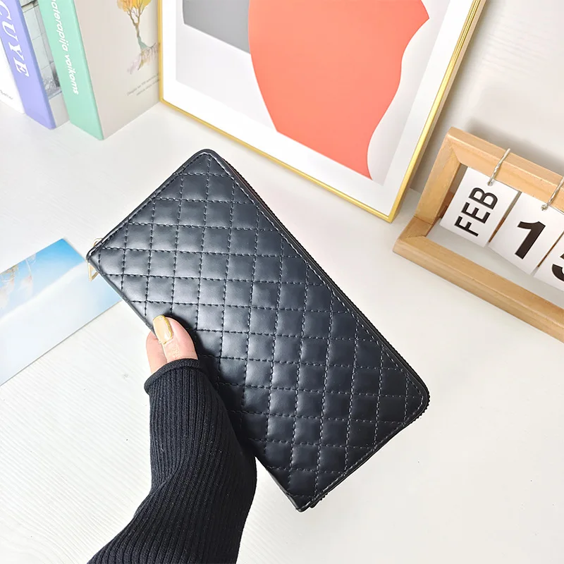 

2022 Spring New Ladies Wallet European and American Style Embroidered Thread Long Zipper Bag PU Solid Color Long Purse