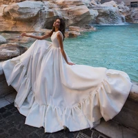 elegant satin a line wedding dresses 2022 jewel ruched train bridal gown new vestidos de noiva robe mariee