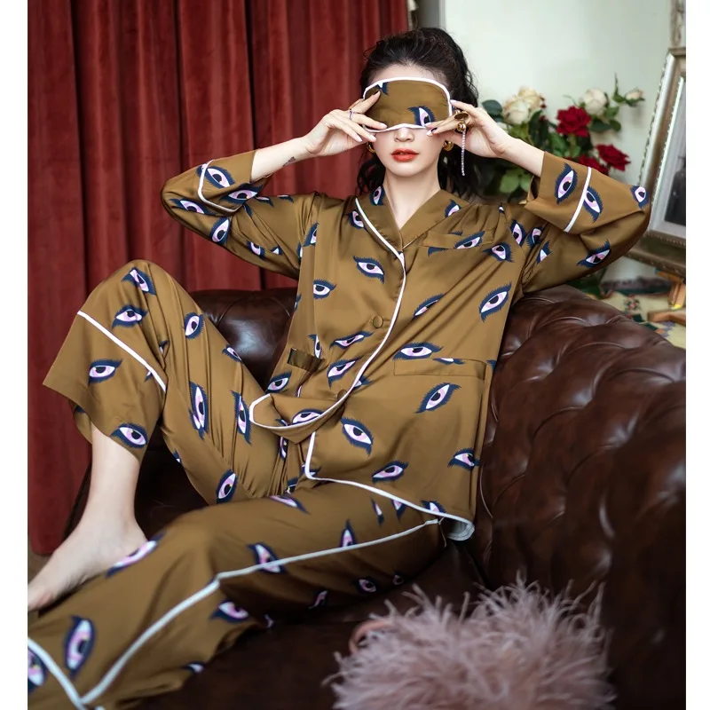 

Trousers Spring Pijamas Satin Eyes Homewear Silk Pajamas Long Women Piece Women's 2 Belt Print Whit Sleepwear 2022 Sleeved