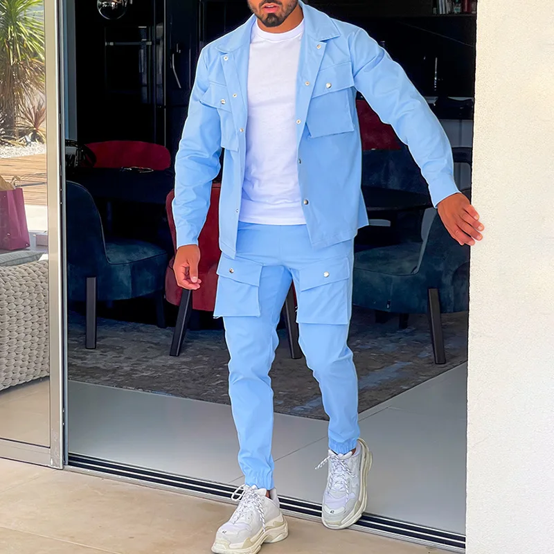 

Autumn new fashion lapel single-breasted jacket+long pants casual solid color plus size 2 piece sets long sleeve sport men suits