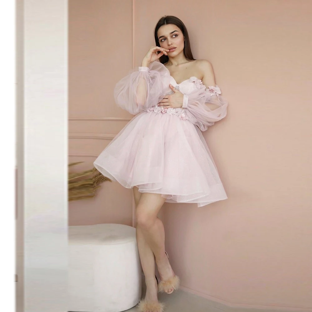 

Light Pink Tulle Short Prom Dresses Puff Long Sleeves Off the Shoulder Ball Gowns Lace Homecoming Party Dress With 3D Flowers