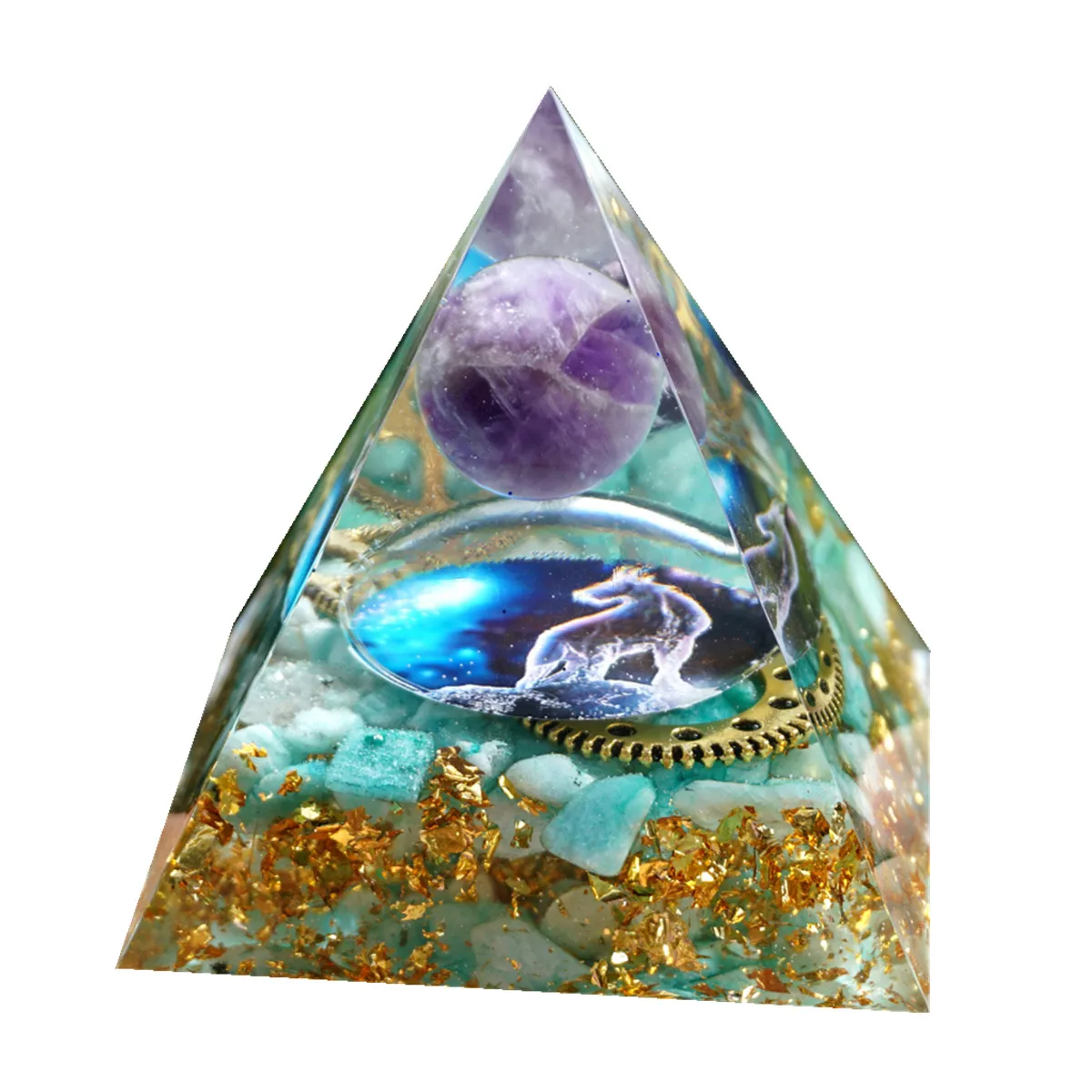 

CAPRICORN Orgonite Pyramid Amethyst Crystal Sphere&Amazonite Crystal Stone EMF Protection Gear Wheel Orgone Pyramid