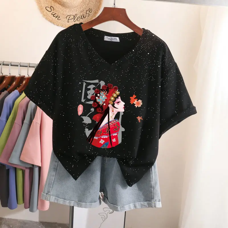 

Plus Size 6XL 150KG T Shirts Women Summer Short Sleeve Loose V Neck Hip Hop Streetwear Tee Shirts Female Harajuku Oversized Top