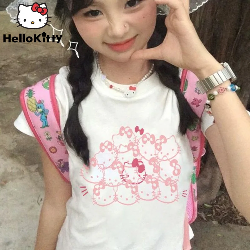 

Sanrio Hello Kitty Kawaii Graphic Y 2k T-shirt Cute Anime Short Sleeve White Women Short Crop Top Campus Yk2 Japanese Style Tees