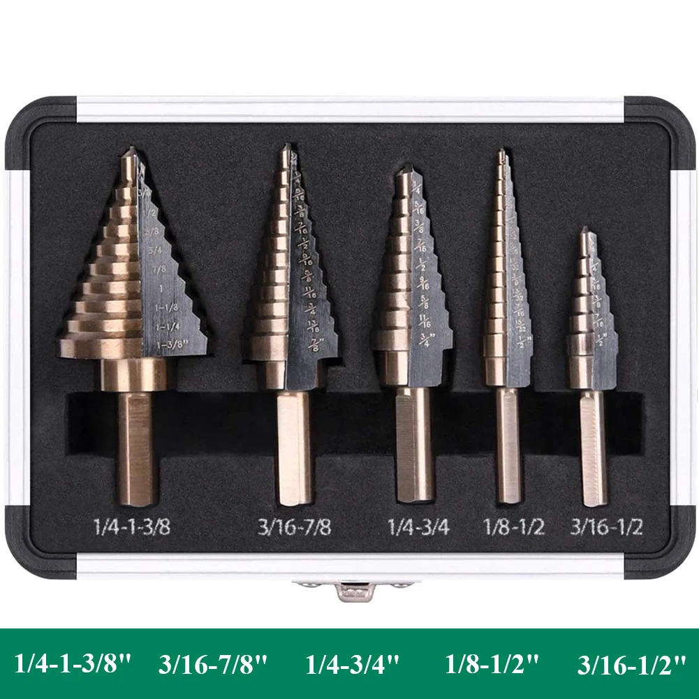 KUNLIYAOI  5 Pcs Aluminum Box Set Imperial Step Drill Bit High Speed Steel Metal Hole Cutter Power Tools 4241 Titanium Coated