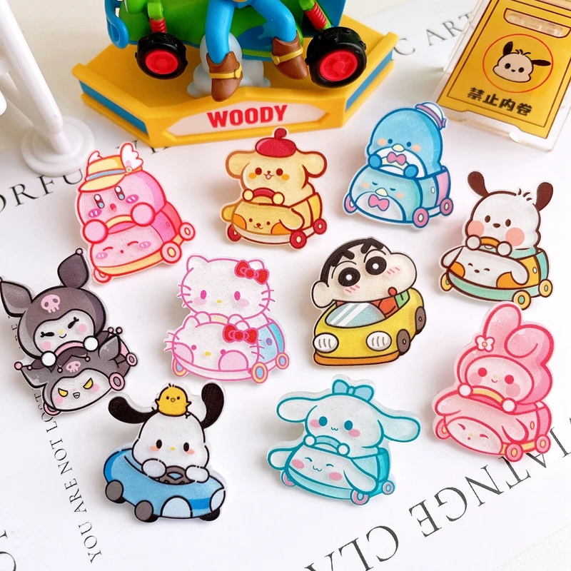

10pcs Of New Model Sanrio Cartoon Cute Animals Bumper Car Series Acrylic DIY Fashion Jewelry Hairpin Brooch Accessories