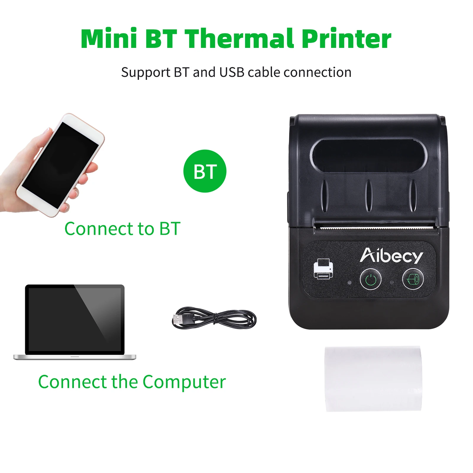 Aibecy портативный беспроводной BT 58 мм 2-дюймовый термочековый принтер Mini USB Bill POS
