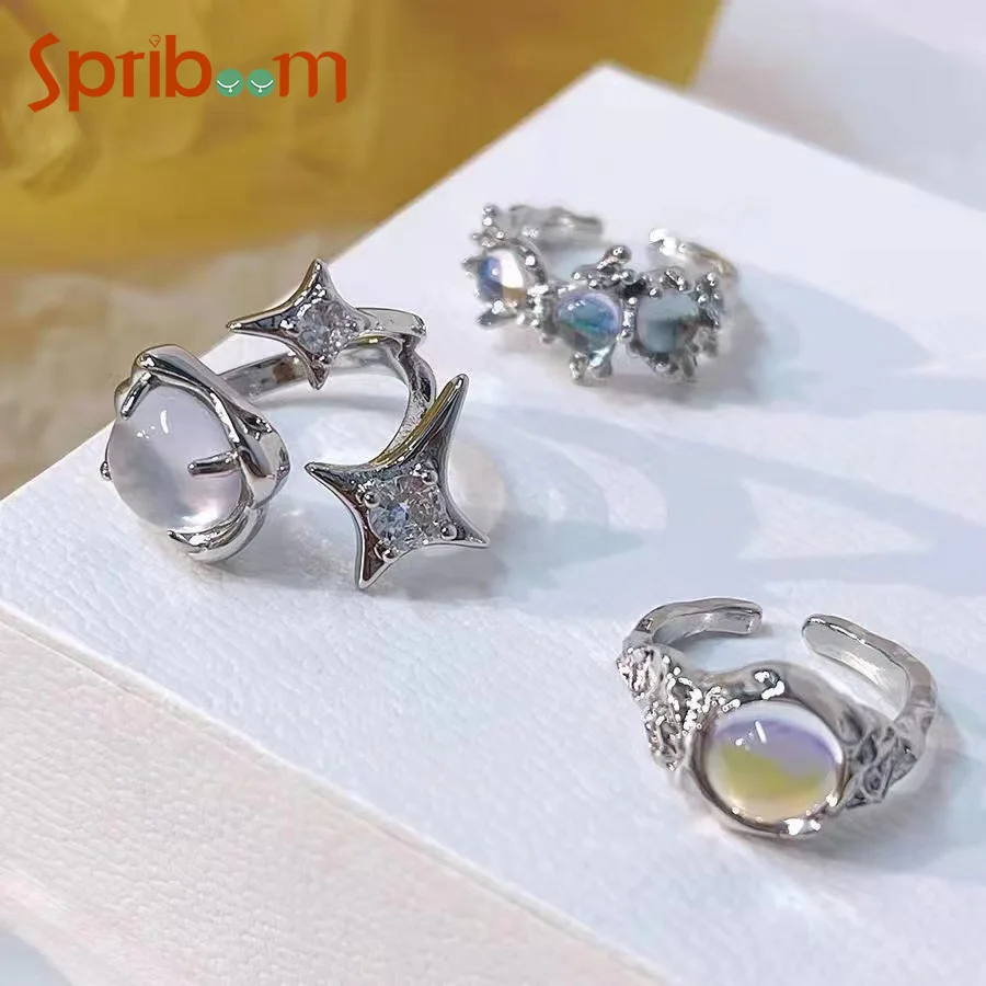 

Moonstone Star Rings for Women Temperament Irregular Opening Zircon Ring Personality Female Jewelry Wedding Party Accessories