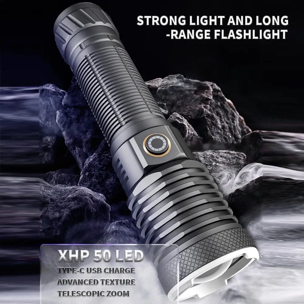 30w Xhp50 Led Flashlight 4 Level Telescopic Zoom Super Bright Powerful Strong Light Tybe-c Usb Rechargeable Torch