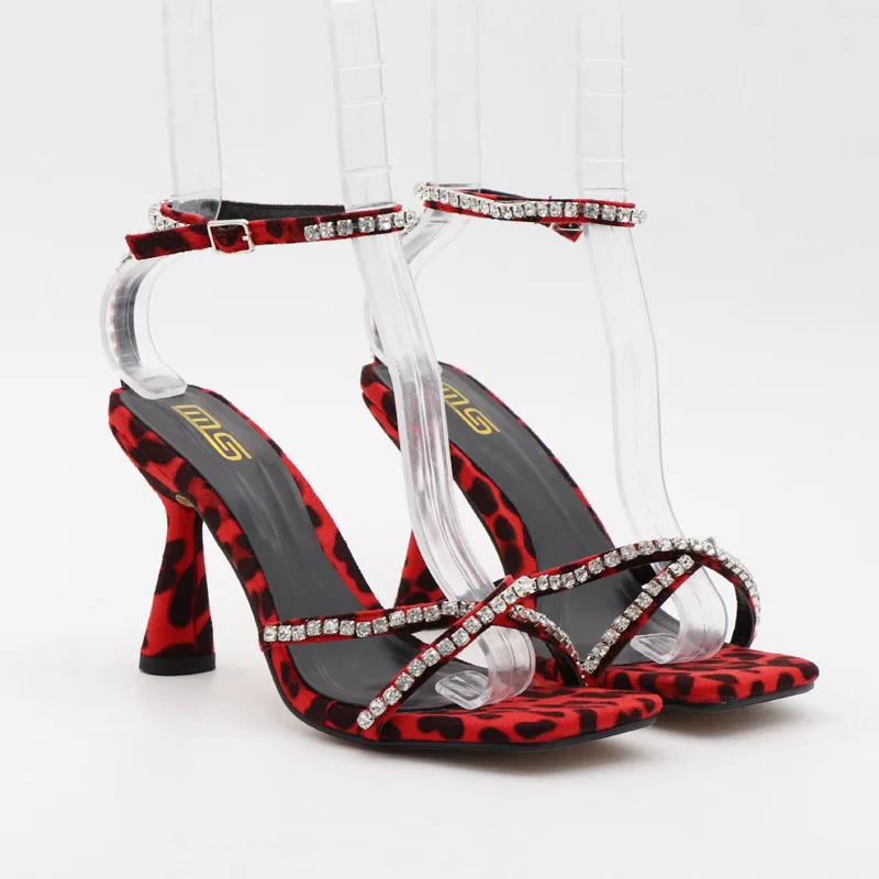 

Fashion Women's Shoes 2022 Summer New Square Toe Open Toe Crystal Strap High Heels Sexy Leopard Print Women's Sandals Size 42