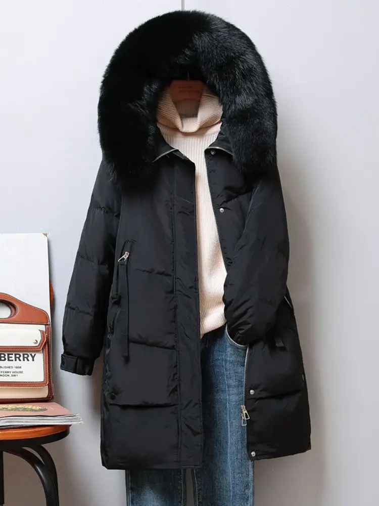 Women Long Down Jacket New Casual Style Fox Fur Collar White Duck Down Jackets Autumn Winter Coats And Parkas Female Outwear