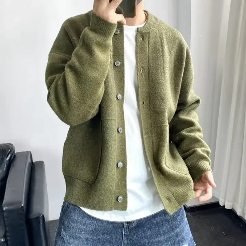 Men's Winter Loose-Fit Round Neck Knitted Sweater Casual Vintage Style Cardigan Pullovers Chic Brands Wool Top