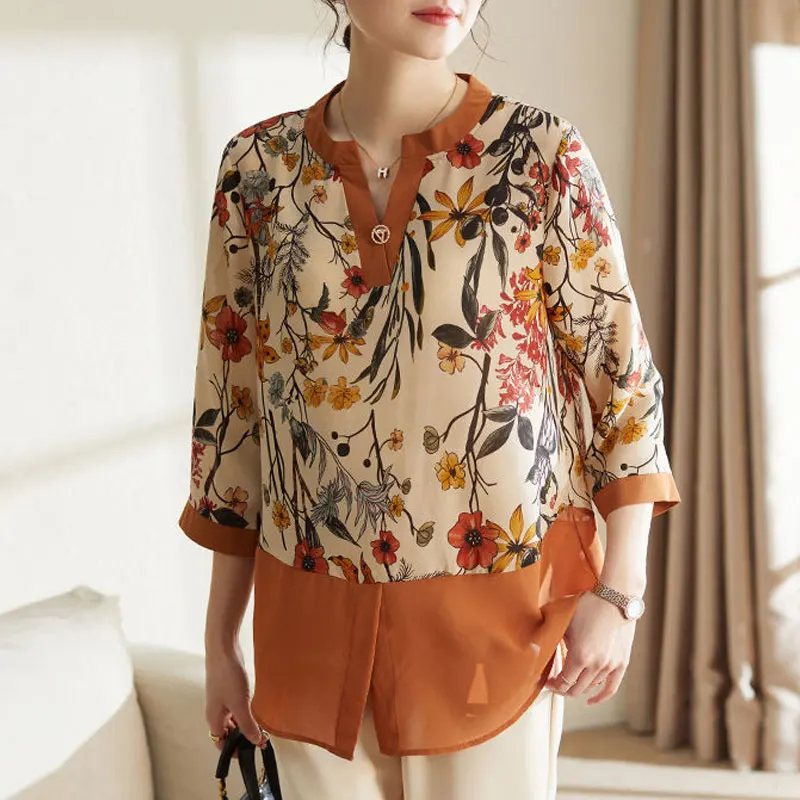 

Casual Floral Printing Spliced Shirt Spring Summer 3/4 Sleeve Female Clothing Elegant V-Neck Three-dimensional Decoration Blouse