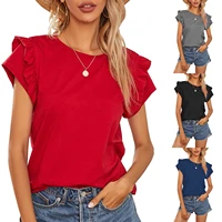 2022 womens casual solid color tops summer ruffle short sleeve round neck loose fit t shirts for dalily life female clothing