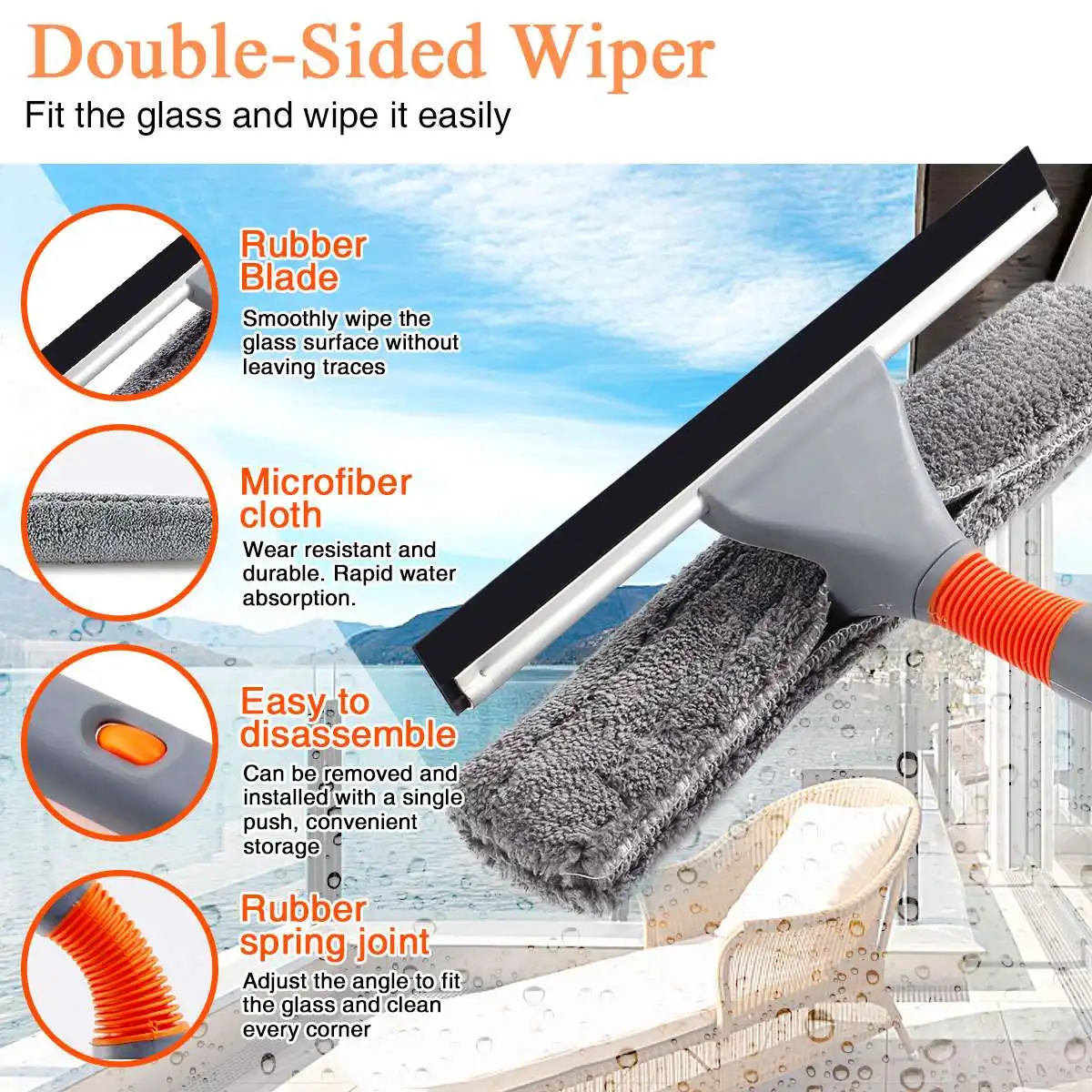 

2 In 1 Glass Cleaning Tool Double-sided Telescopic Rod Window Cleaner Mop Squeegee Wiper Long Handle Rotating Clean Head Brush