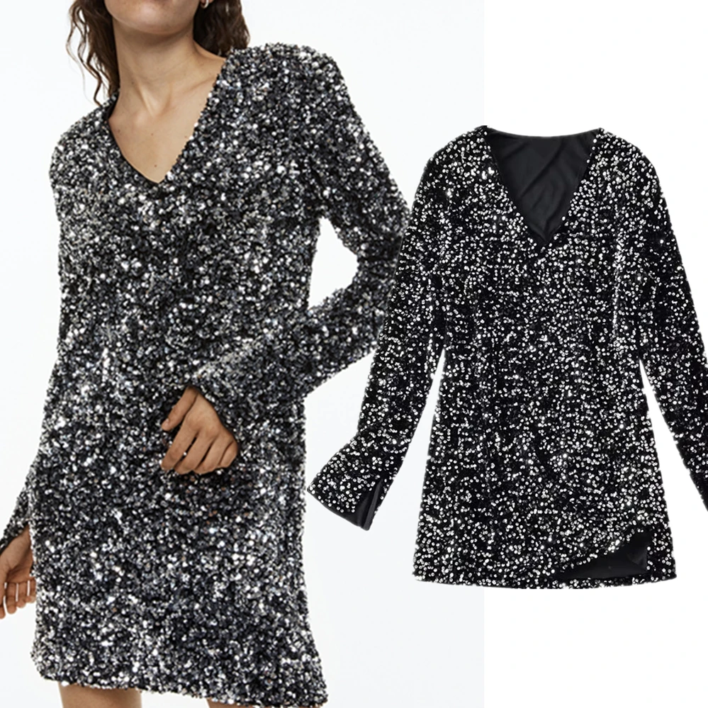 

Jenny&Dave Slim Sequin V Neck Mini Dress for Women British Fashion Ladies Party Dress