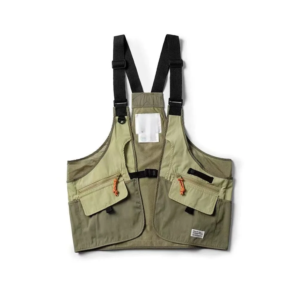 Фото Настраиваемый логотип High Street Cargo Vest для мужчин и женщин, уличный тактический жилет с несколькими карманами для рыбалки, повседневная стильная куртка с цветными блоками №1
