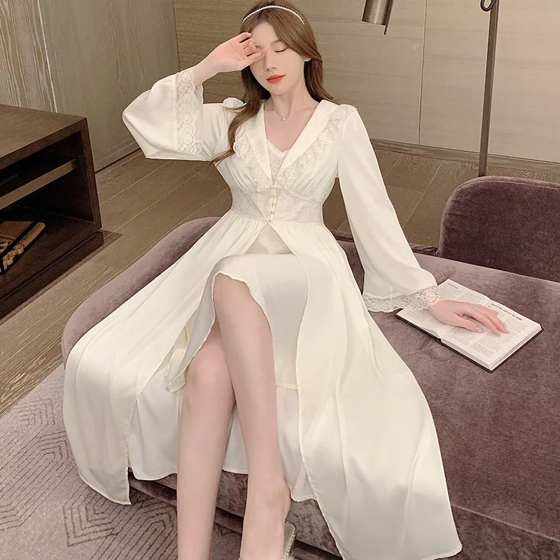 Summer New French Satin Women's Robe Set Sexy Lace Sling Sleepwear Exquisite Bead Nightgown Long Bathrobes Female Home Wear
