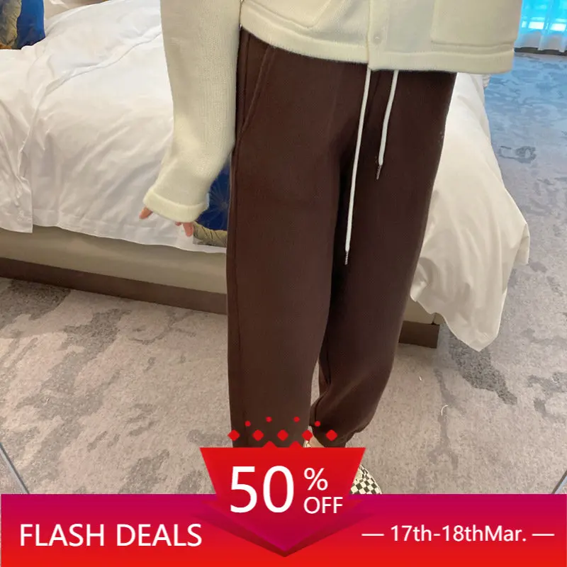 

The Republic of Korea! Women's Plush Wei Pants European Station Winter New Korean Ribbon Elastic Waist Close-up Sports Pants