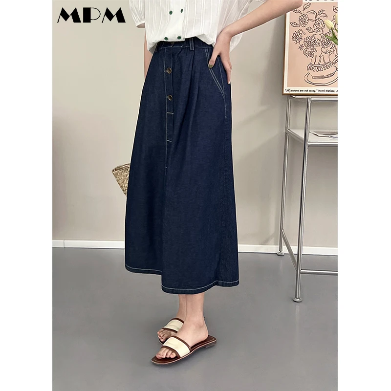 Vintage Dark Blue Women Denim Skirt Loose Fashion Elastic Waist Ladies Slit Straight Skirts Casual Women's Clothing New 2022