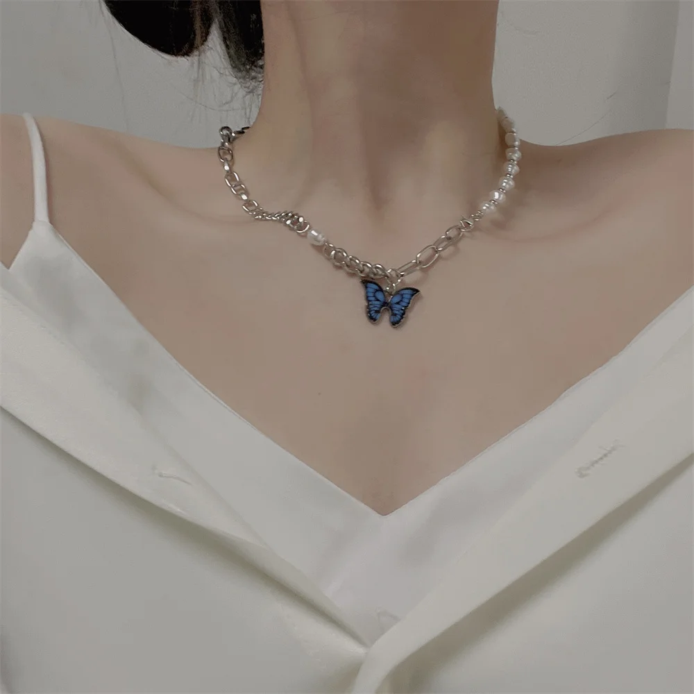 

Coconal Fashion Silver Color Pearl Stitching Drip Butterfly Men Women Necklace For Festive Gift Necklaces