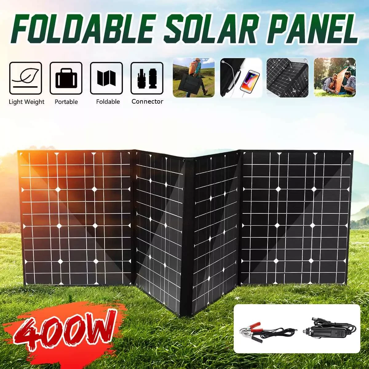 

18V 400W Monocrystallinel Solar Panel Folding Package with 1.5m Cables +USB Interface Set for Outdoor Working
