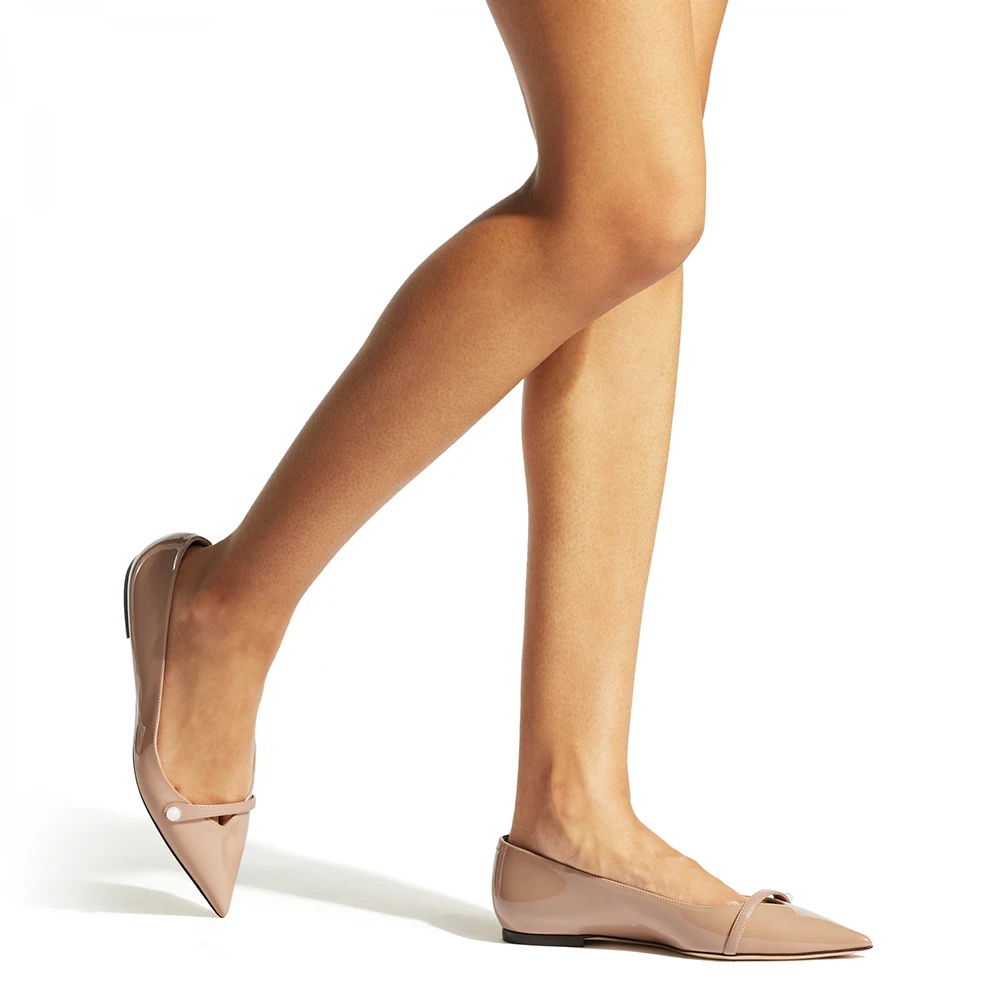 2023 Women's Nude Flat Pumps With Pearl Decor Pointed Toe White Strappy Flats Casual Dress Shoes Ladies Large Size Party Shoe