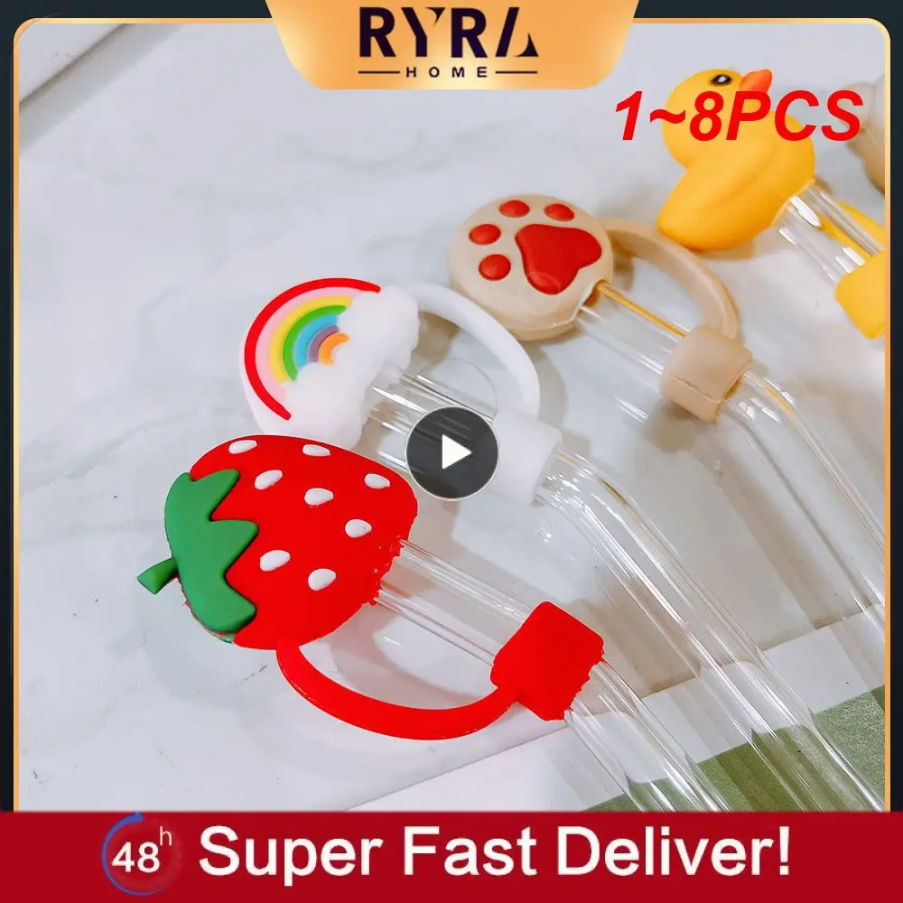 

1~8PCS Ins Style Straw Plug Cartoon Cute Summer Glass Straw Stopper Drink Milk Tea High Borosilicate Safety Straw Plug Drinkware