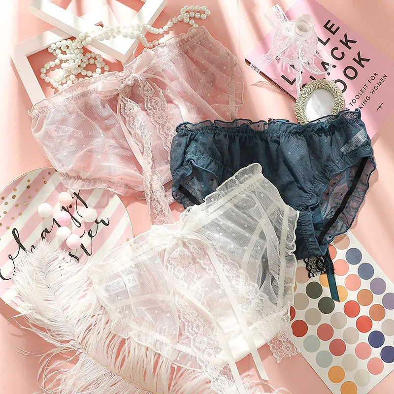 

Low-waist Briefs Ladies Sexy Nylon Tulle Cute Lace Girl Bowknot Japanese Underwear Summer Wave Point Perspective New Loli Pink