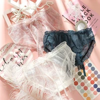 low waist briefs ladies sexy nylon tulle cute lace girl bowknot japanese underwear summer wave point perspective new loli pink