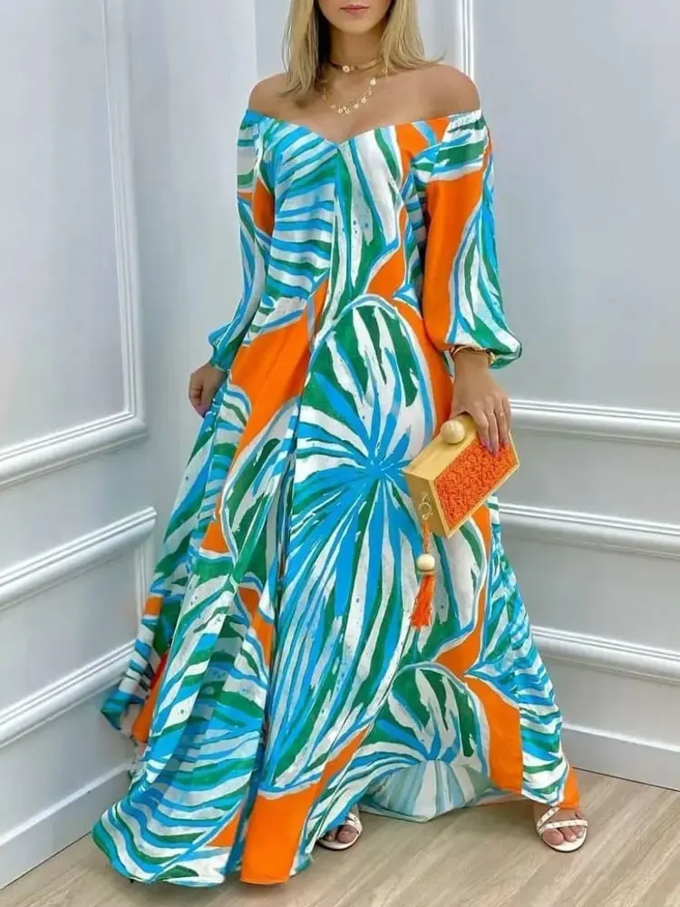 

Женское платье-макси с вырезом-лодочкой и рукавами-фонариками