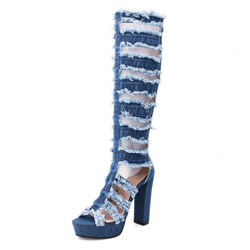

Sandals Women's Summer New Roman Style Hollow Breathable Denim Thick Heels Fish Mouth Ripped Open Toe Shoes Women's Sandals
