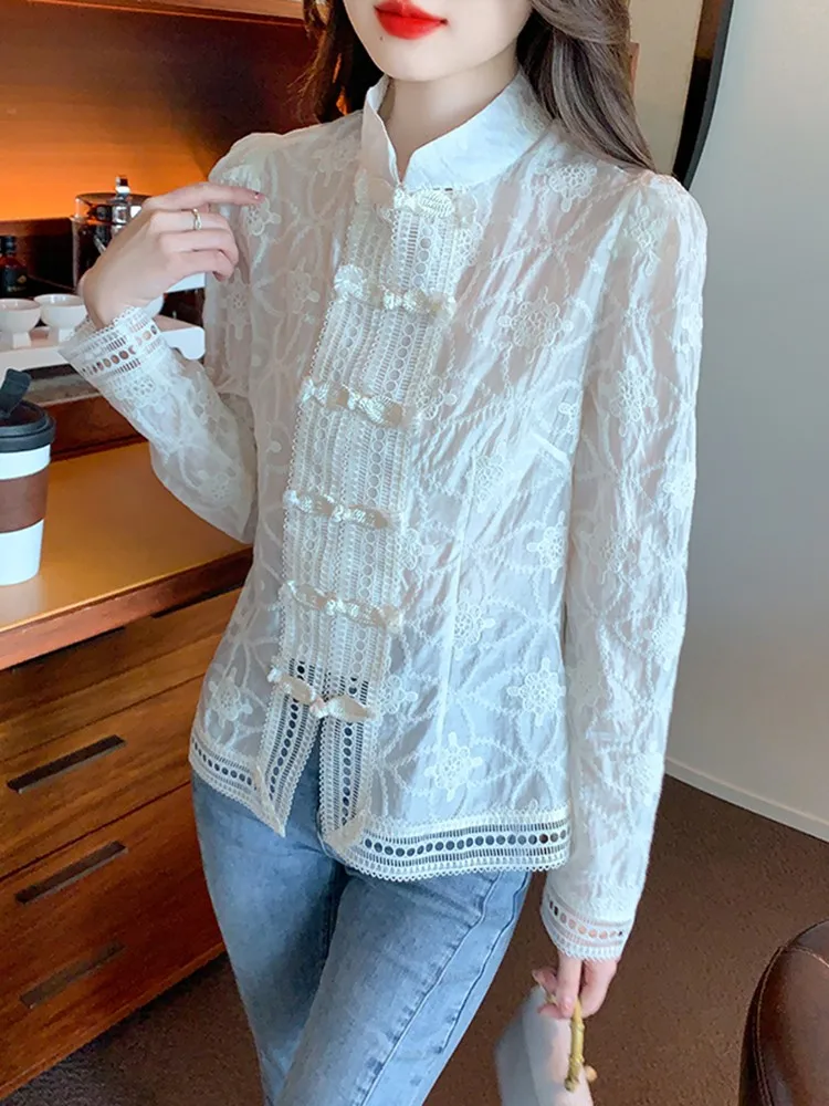 Рубашка женская с длинным рукавом винтажный элегантный топ в китайском стиле