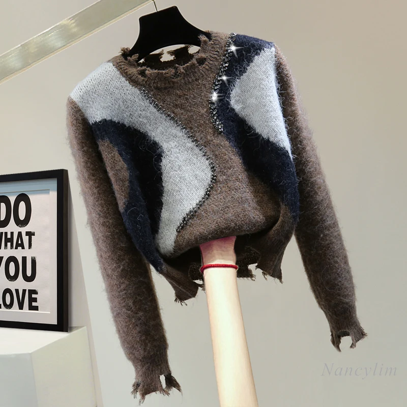

Color Matching Diamond Bead Long Sleeve Women's Knitted Sweater Autumn and Winter Korean High Waist Short Tassel Ripped Sweater