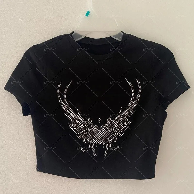 

Стразы винтажная Фея гранж футболка Готическая графика футболка женский Y2k короткий топ с круглым вырезом Футболка Черная уличная одежда ф...