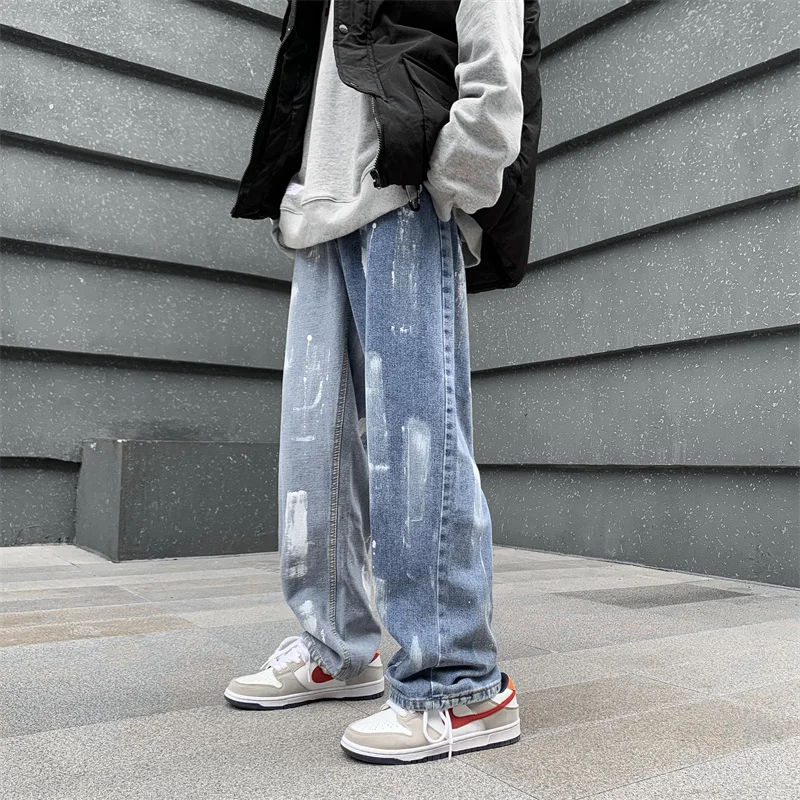 2023 Casual Baggy Jeans Mens Korean Streetwear Fashion Hip Hop Straight Wide Leg Trousers Blue Gray