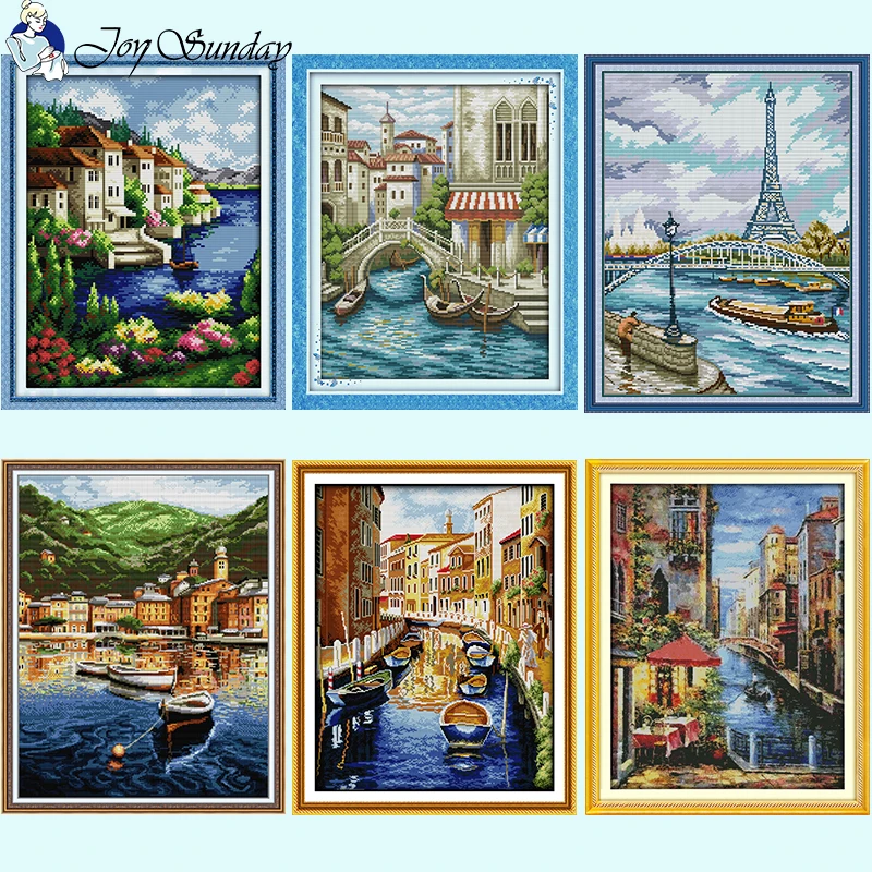 

Venice Water City Scenic Series Count Cross Stitch Kits 14ct 11ct White Cloth Printed Fabric Embroidery Set DIY Home Decor Gifts