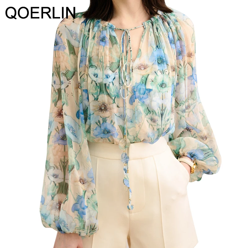 

QOERLIN Blouse and Camisole 2 Pieces Tops O Neck Lace Up Elegant Tops Shirts Long Sleeve Puff Sleeve Spring Autumn Fashion Shirt
