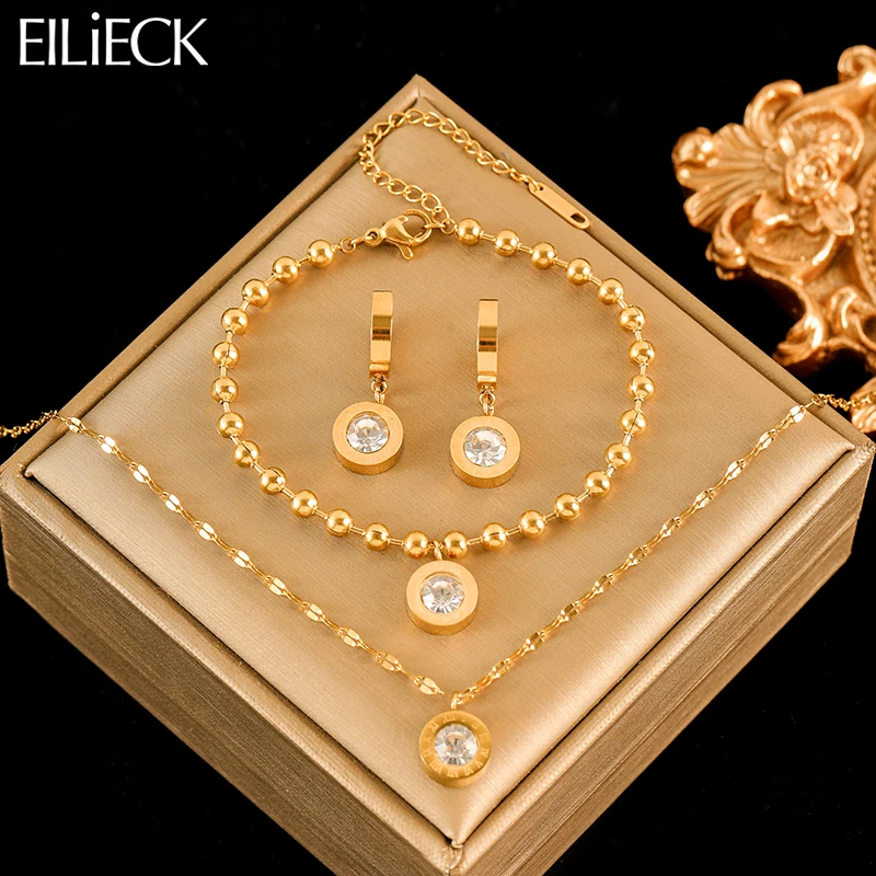 Фото EILIECK из нержавеющей стали 316L, римские цифры, циркон, ожерелье, браслеты, серьги, комплект для женщин, новый модный подарок, водонепроницаемые украшения №1