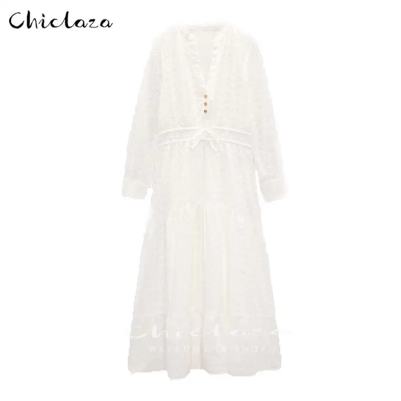 

CHICLAZA 2022 Summer Women Long Sleeve Casual Dress Lady Vintage White Hollow Embroidery Splicing Dresses