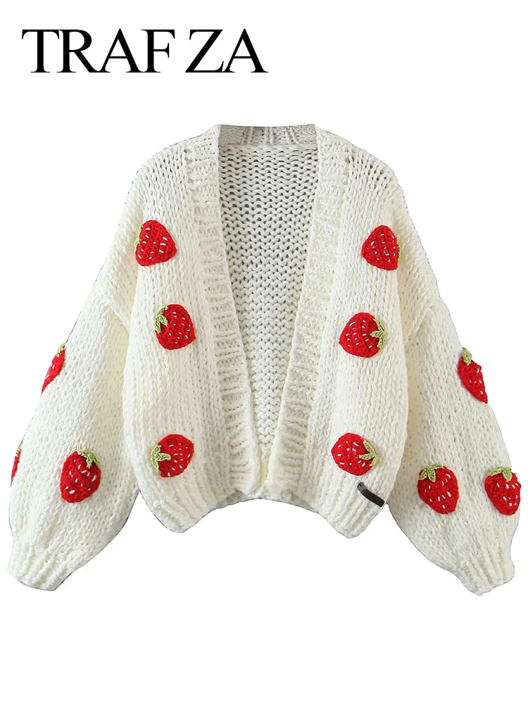 

TRAF ZA Elegant Women Sweater Cardigan Solid Color White Strawberry Patch New Fashion Versatile Loose Puff Sleeve Short Top Coat