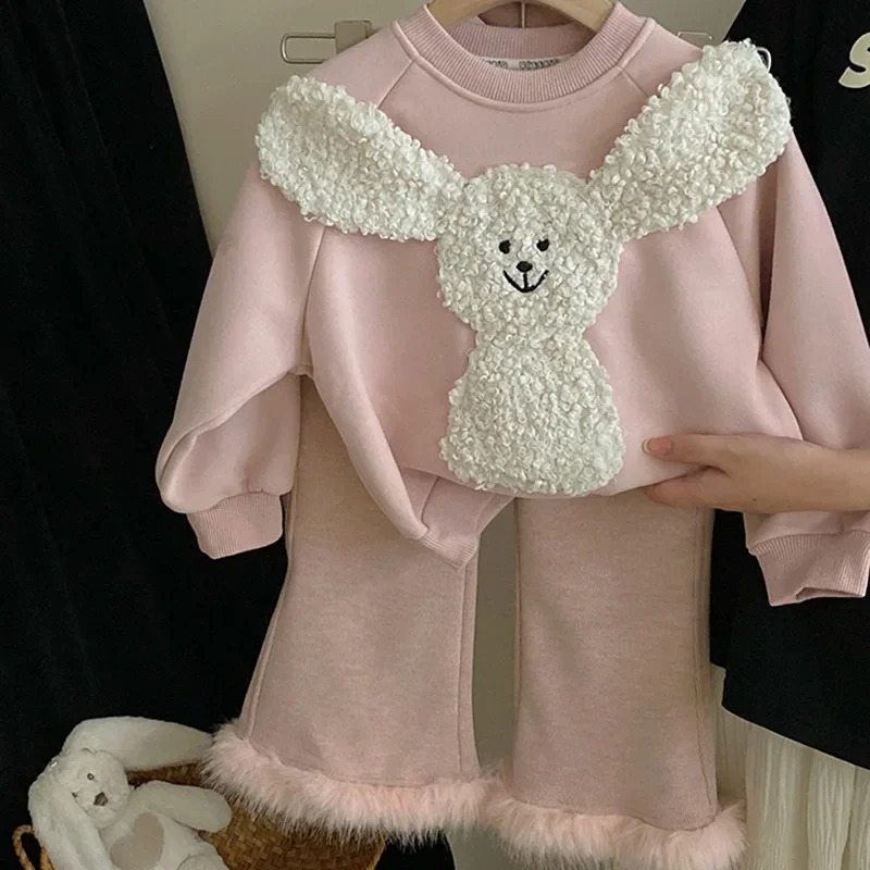 

Детский комплект одежды, Осень-зима, милый мультяшный комплект, свитер с кроличьим узором, модный стиль, меховые расклешенные брюки, детская мода