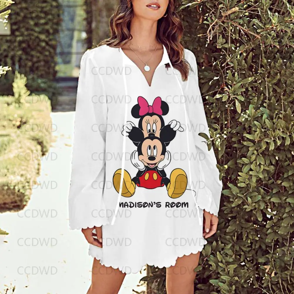 

Летние платья с Микки и Минни Маусом, Женские Элегантные платья 2023, платье для женщин, кружевное платье с V-образным вырезом и рукавами-лепес...