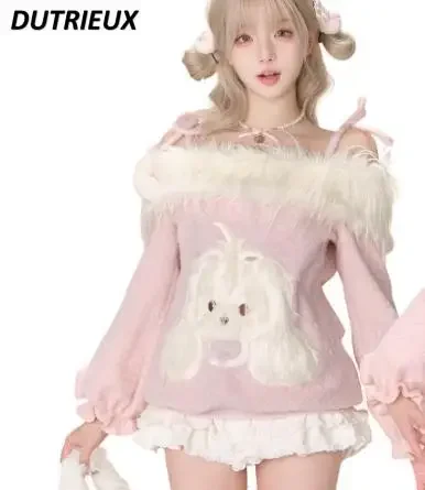 Женский комплект из двух предметов милый и розовый плюшевый свитер на одно плечо