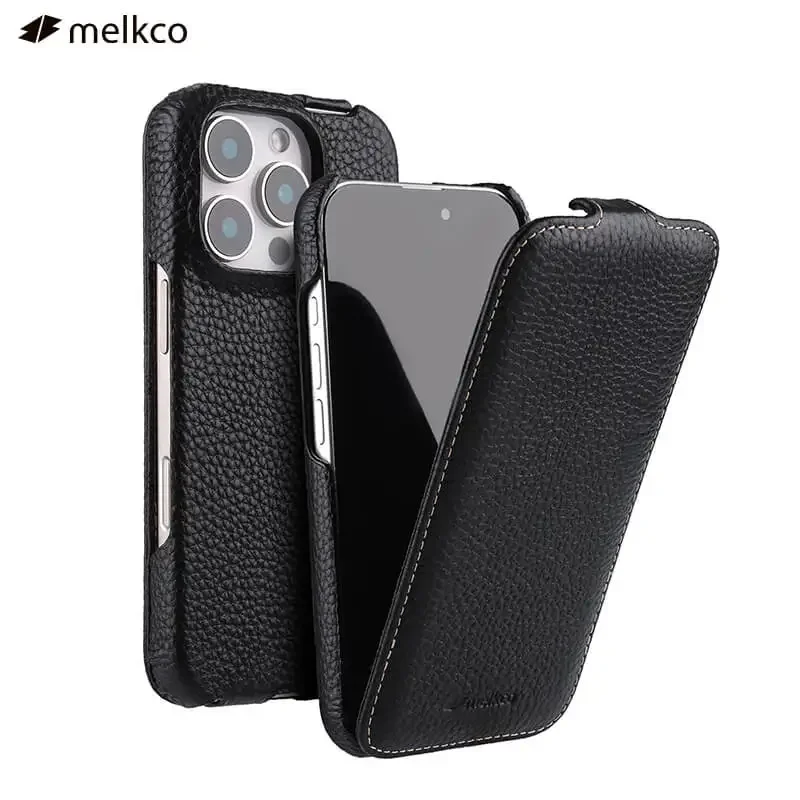 Вертикальный чехол Melkco из натуральной кожи для iPhone 16 Pro Max Plus с магнитной зарядкой