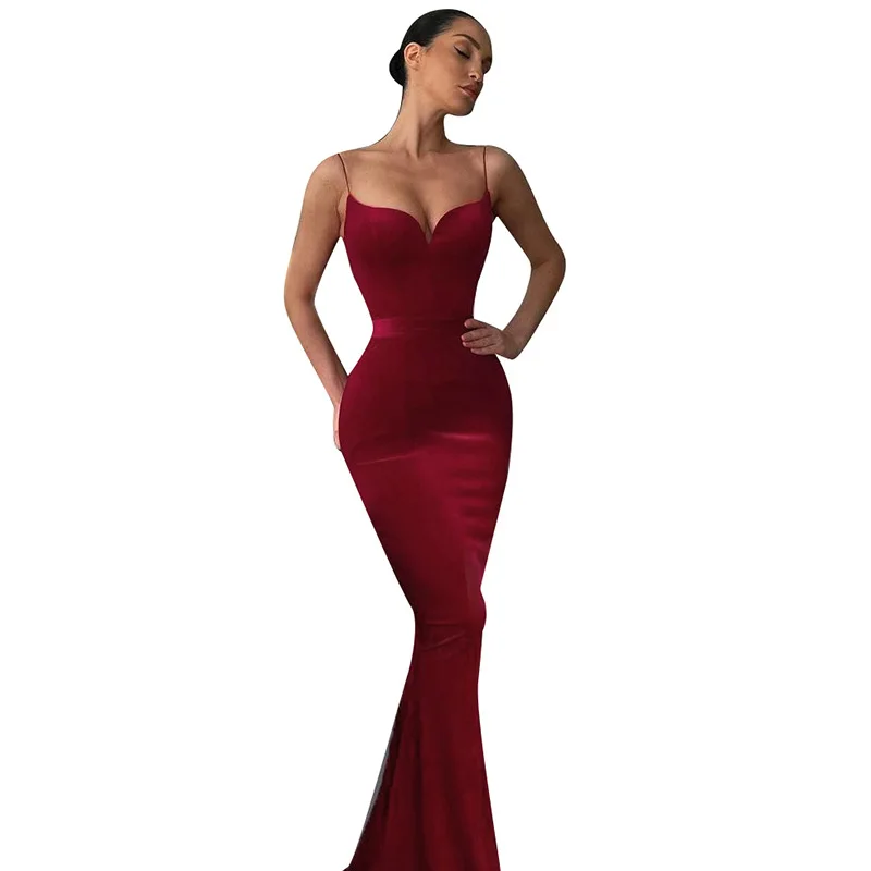 Women Elegant Velvet Gowns Spaghetti Deep V-neck Sleeveless Backless Long Party Dress Fashion Slim Waist Mermaid Evening Dresses