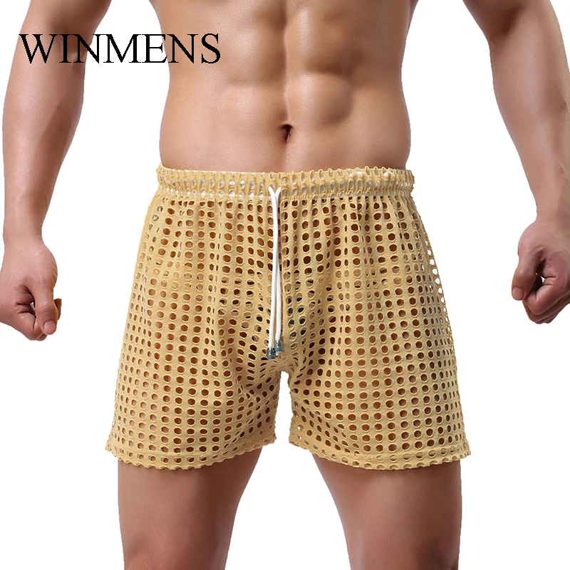 

Men's Pajamas Pants Summer Sleep Bottoms Hollowed Out See Through Sleeping Shorts Lounge Funny Fishnet Gay Sexy Sleepwear WOXUAN