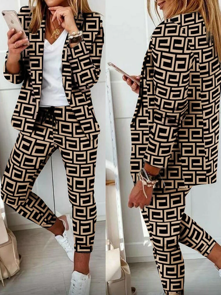 

2022 AutumnTwo Piece Sets Womens Geo Print Shawl Collar Blazer & Pants Set Outifits Fashion Tracksuits Casual Elegant Female Out